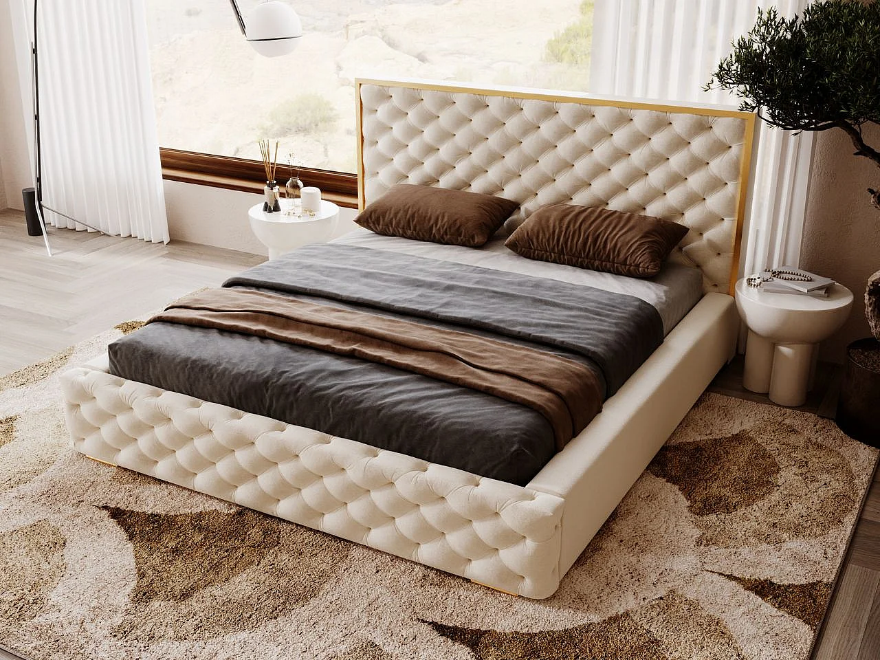 Lit rembourré avec rangement - 160 x 200 - lit double - velours - beige - Wave