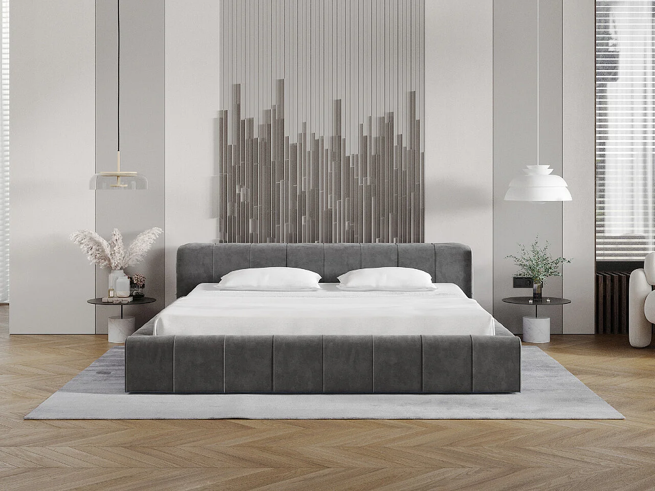 Gestoffeerd bed Lipari 160x200 donkergrijs - opbergruimte voor beddengoed, houten lattenbodem, doorgestikt hoofdbord en bedframe
