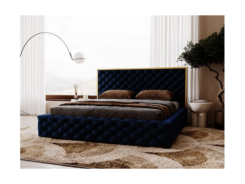 Lit rembourré avec rangement - 200 x 200 - lit double - velours - bleu - Wave