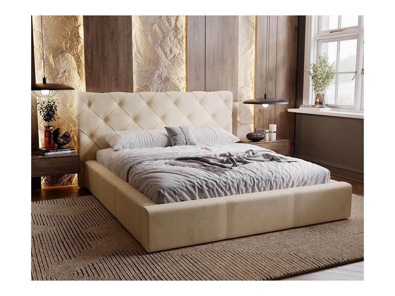 Lit rembourré avec rangement - 160 x 200 - lit double - velours - beige - Milano