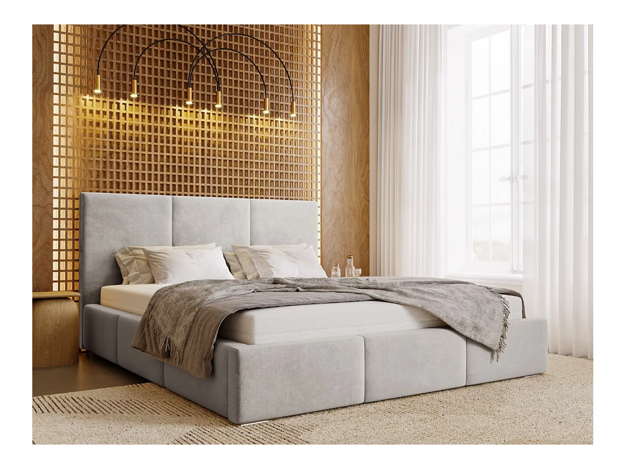 Lit rembourré avec rangement - 200 x 200 - lit double - velours - gris clair - Lincoln