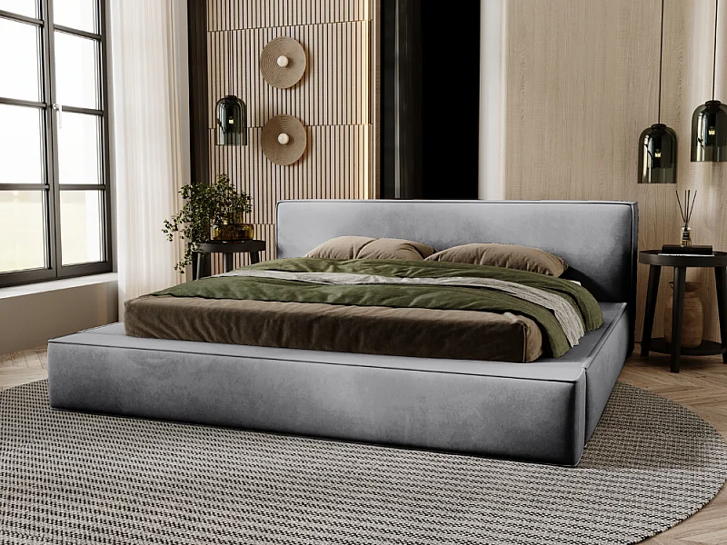 Lit rembourré avec rangement - 160 x 200 - lit double - velours - gris - Mali