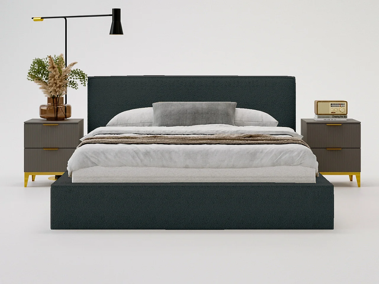 Lit rembourré avec rangement - 200 x 200 - lit double - bouclé - noir - Monaco