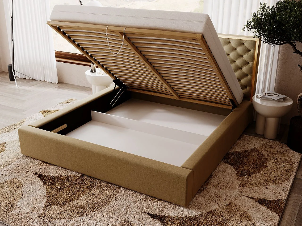 Lit rembourré avec rangement - 180 x 200 - lit double - velours - marron - Bonito