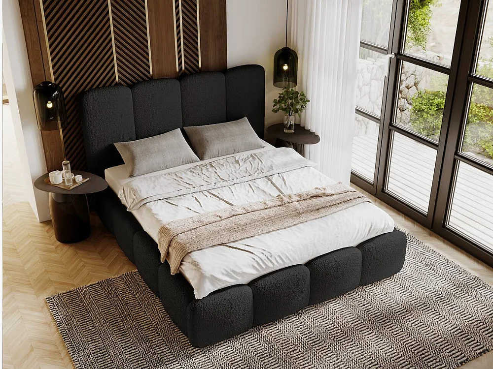 Lit rembourré avec rangement - 140 x 200 - lit double - bouclé - noir - Galli