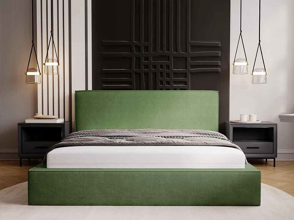 Lit rembourré avec rangement - 140 x 200 - lit double - velours - vert - Monaco