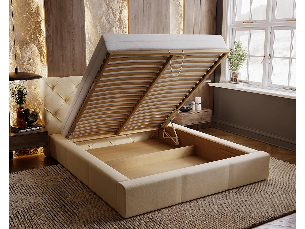 Lit rembourré avec rangement - 140 x 200 - lit double - velours - beige - Milano