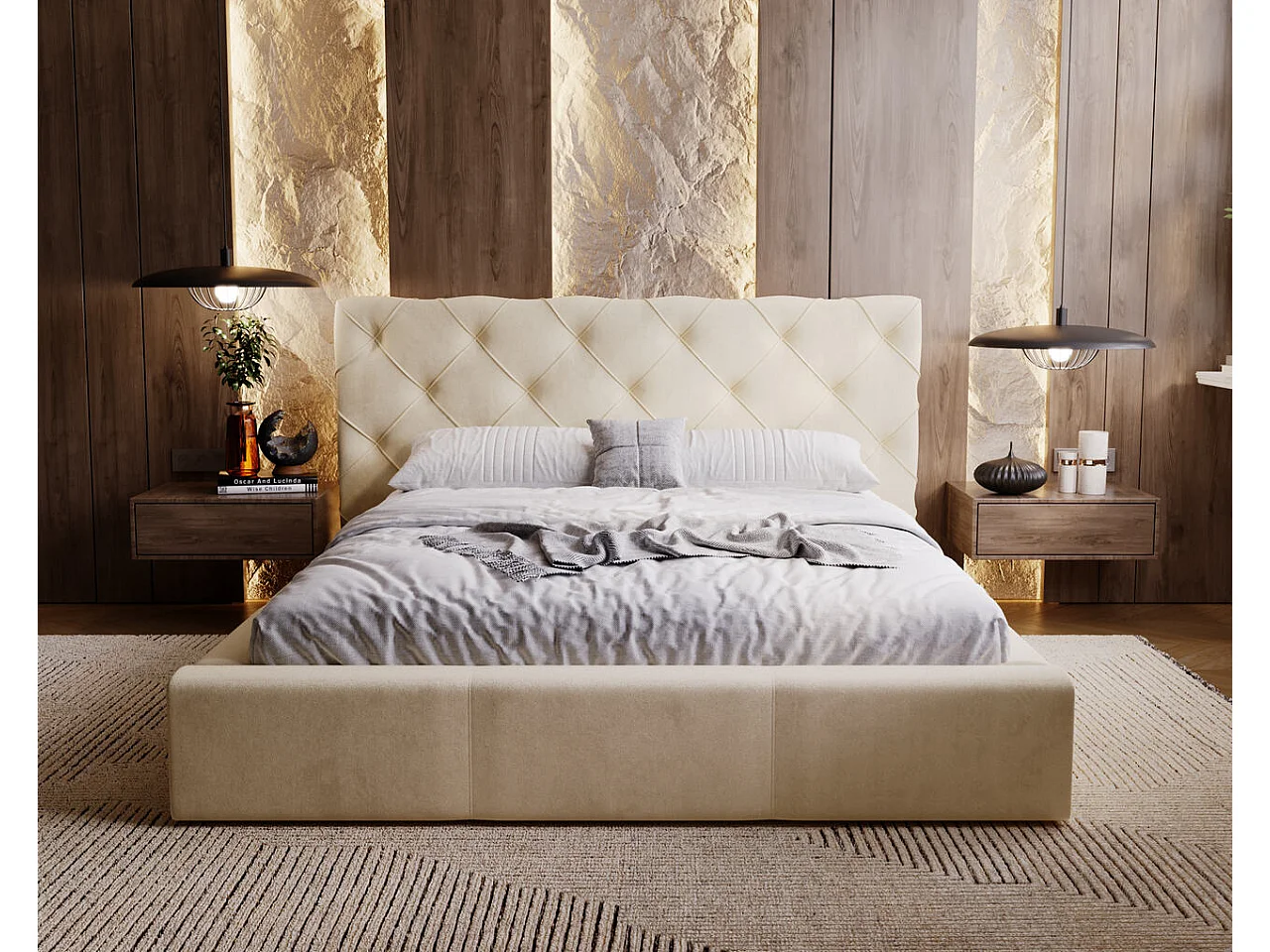 Lit rembourré avec rangement - 140 x 200 - lit double - velours - beige - Milano