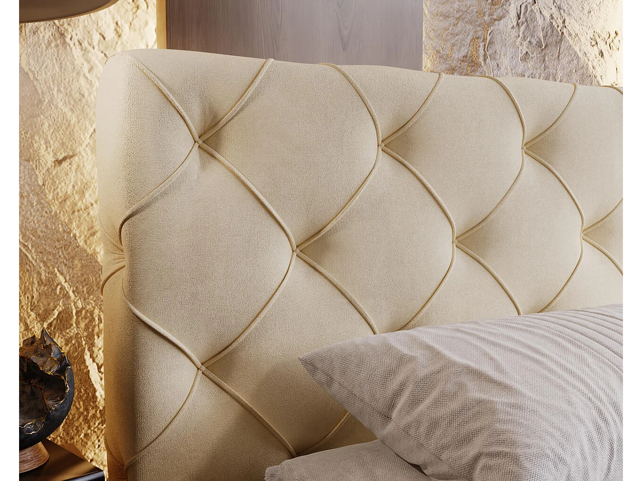 Lit rembourré avec rangement - 140 x 200 - lit double - velours - beige - Milano