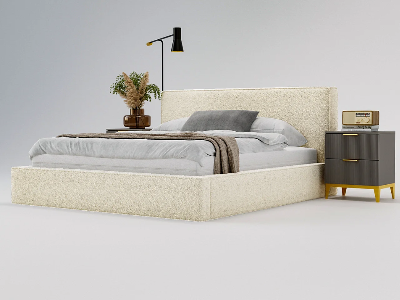 Lit rembourré avec rangement - 120 x 200 - lit double - bouclé - beige - Monaco