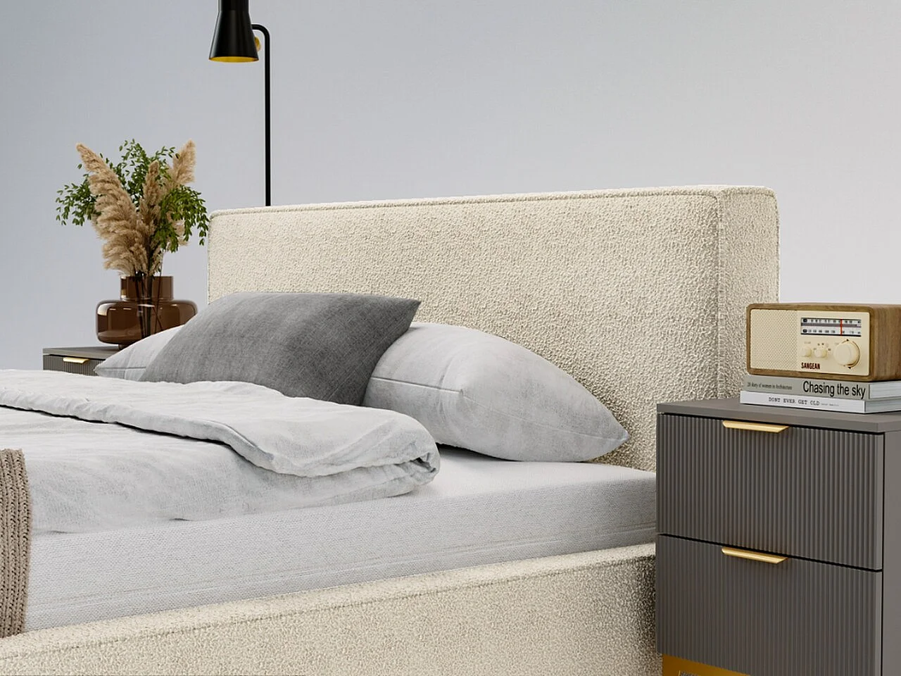 Lit rembourré avec rangement - 120 x 200 - lit double - bouclé - beige - Monaco