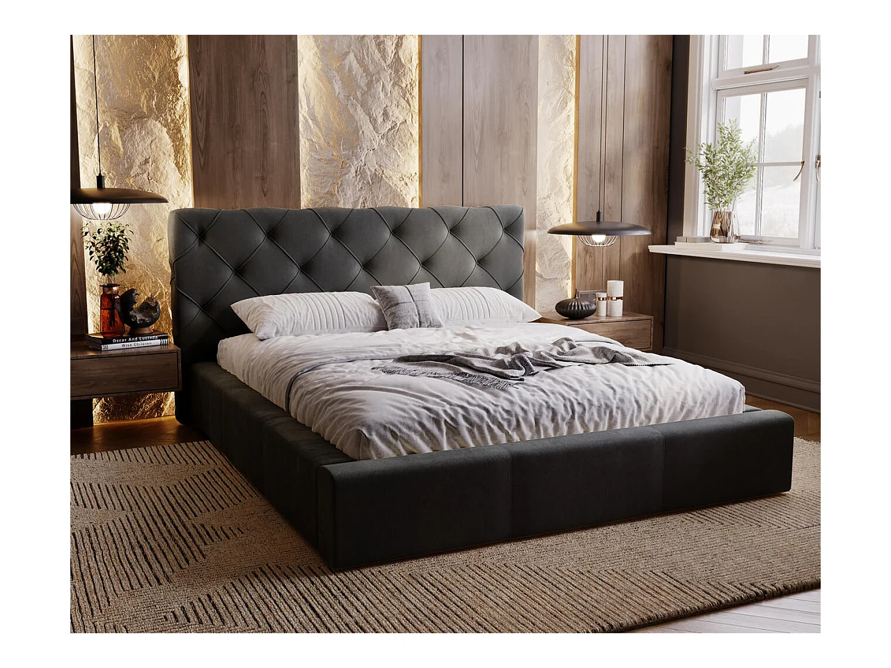 Lit rembourré avec rangement - 180 x 200 - lit double - velours - gris - Milano