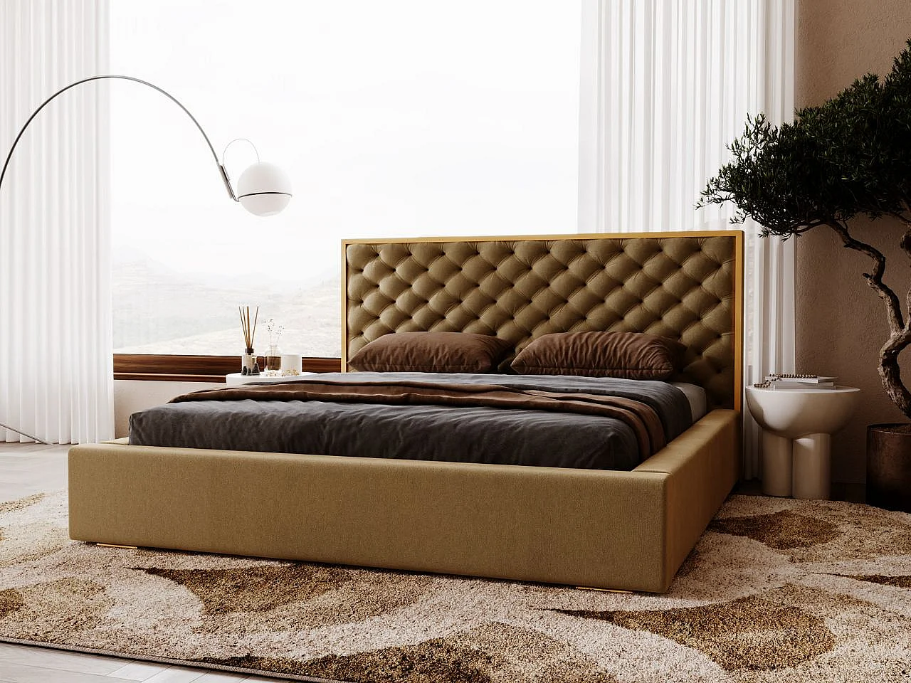 Gestoffeerd bed Bonito 140x200 bruin - opbergruimte voor beddengoed, houten lattenbodem, doorgestikt hoofdbord en bedframe