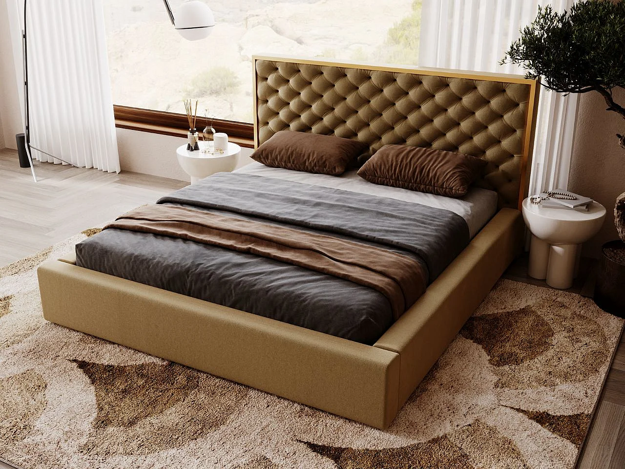 Lit rembourré avec rangement - 140 x 200 - lit double - velours - marron - Bonito