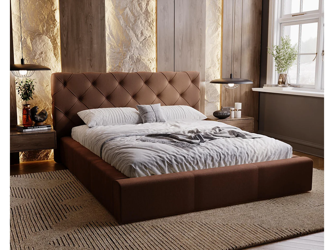 Gestoffeerd bed Milano 200x200 bruin - opbergruimte voor beddengoed, houten lattenbodem, doorgestikt hoofdbord en bedframe