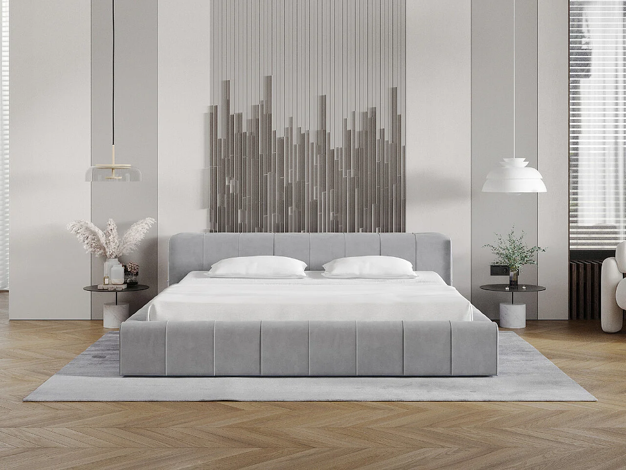 Gestoffeerd bed Lipari 160x200 lichtgrijs - opbergruimte voor beddengoed, houten lattenbodem, doorgestikt hoofdbord en bedframe