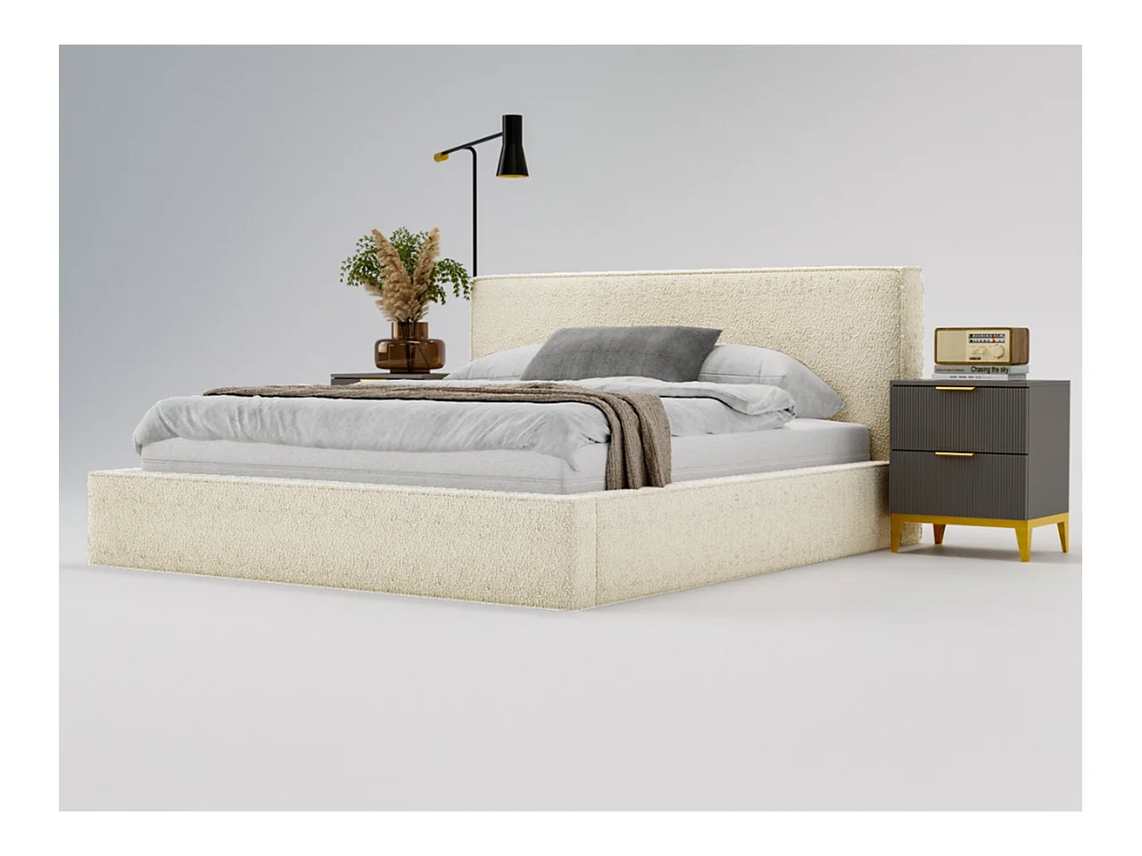 Lit rembourré avec rangement - 200 x 200 - lit double - bouclé - beige - Monaco