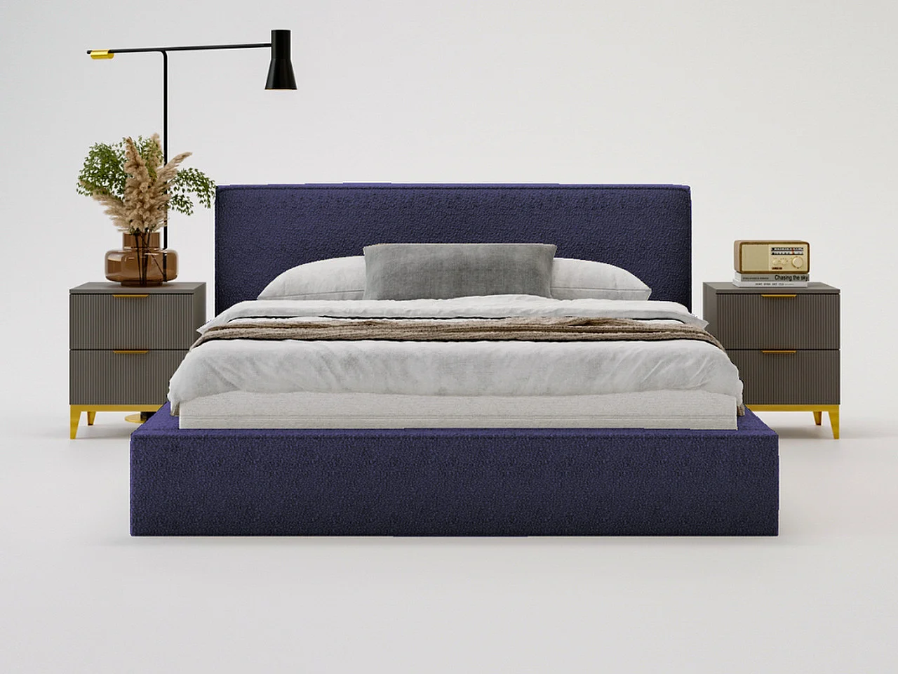 Lit rembourré avec rangement - 200 x 200 - lit double - bouclé - bleu - Monaco