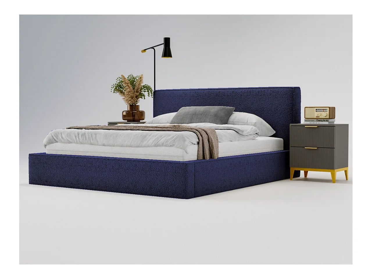 Lit rembourré avec rangement - 200 x 200 - lit double - bouclé - bleu - Monaco