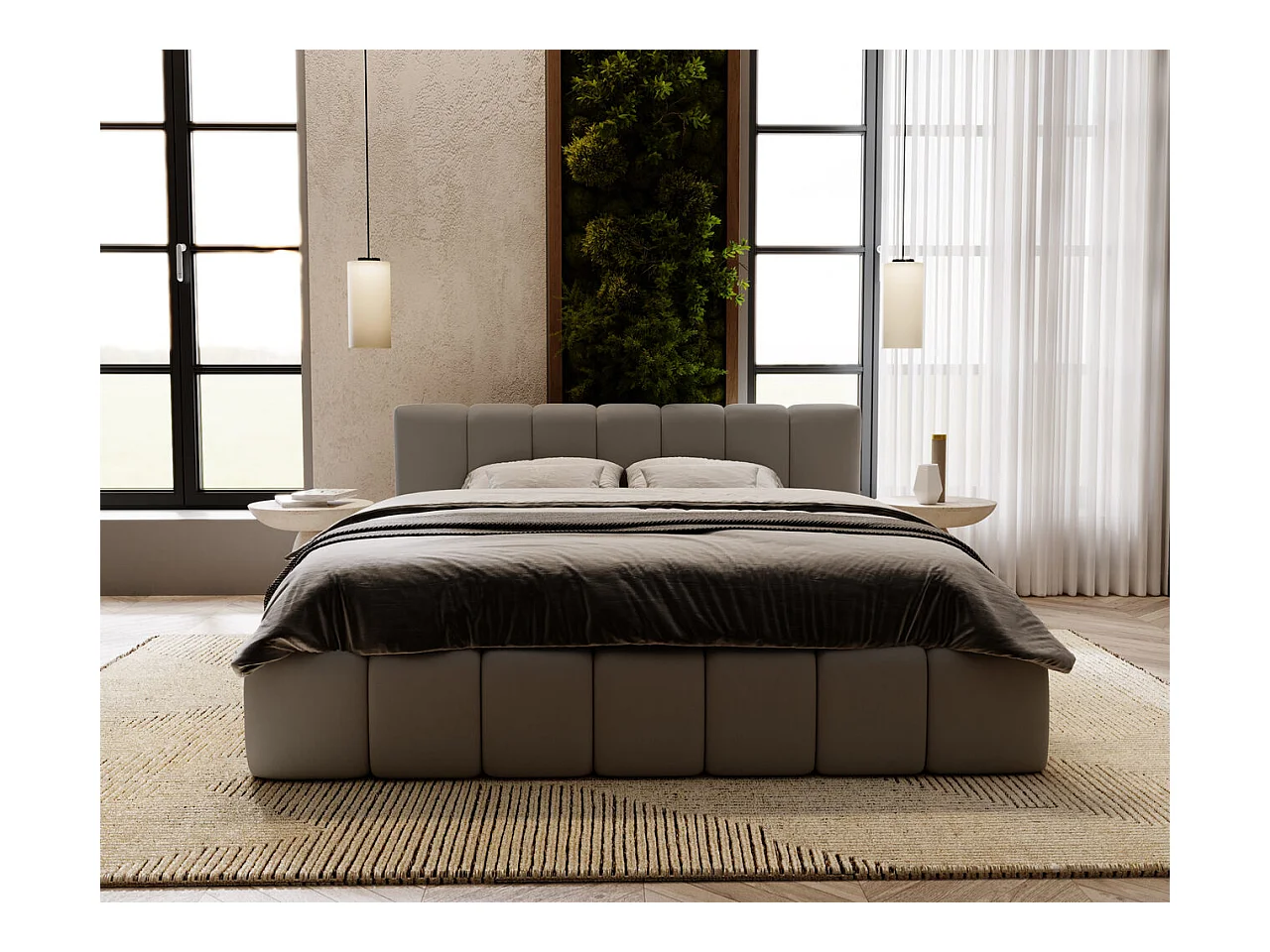 Lit rembourré avec rangement - 160 x 200 - lit double - velours - gris - Split