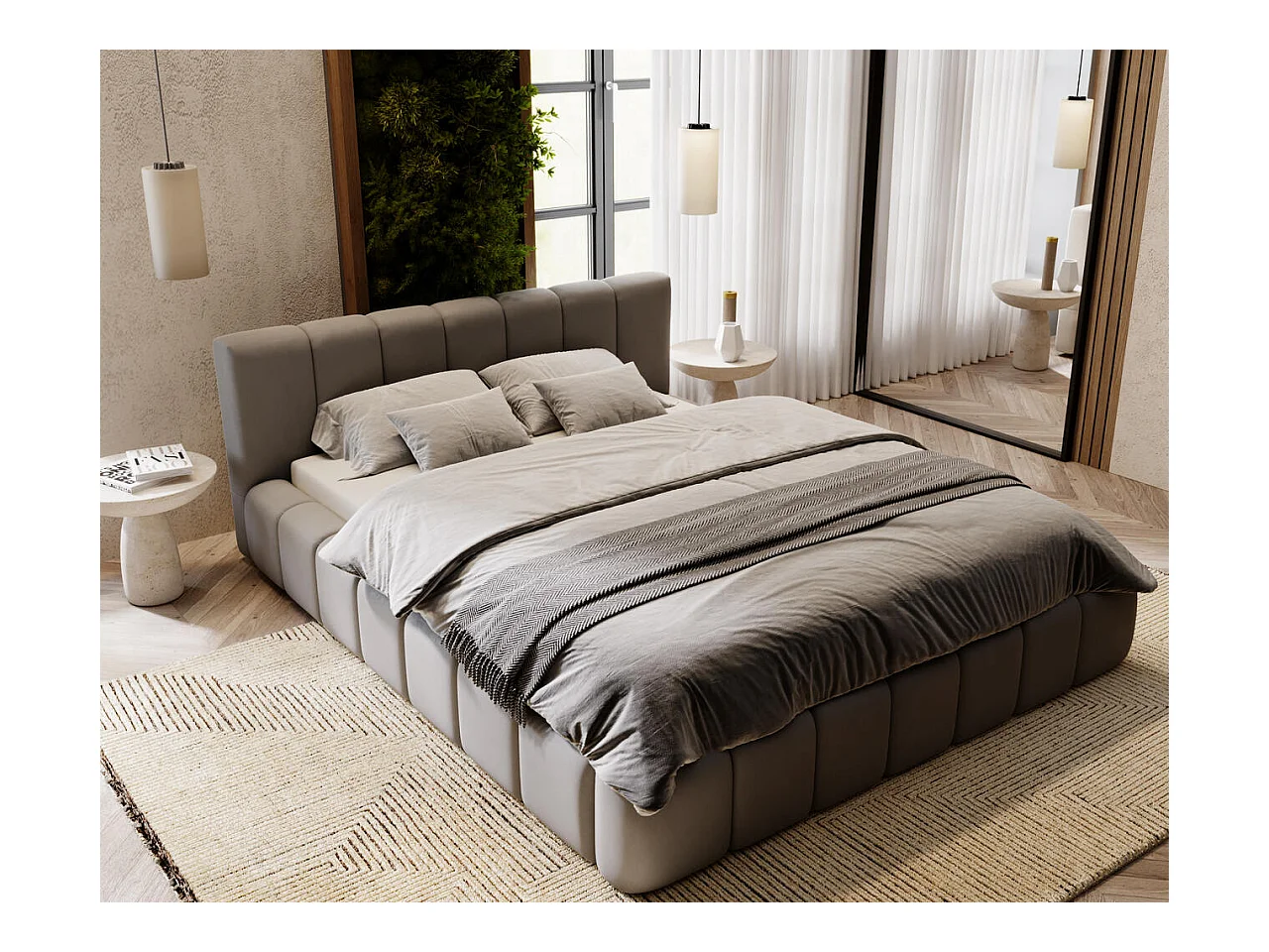 Lit rembourré avec rangement - 160 x 200 - lit double - velours - gris - Split