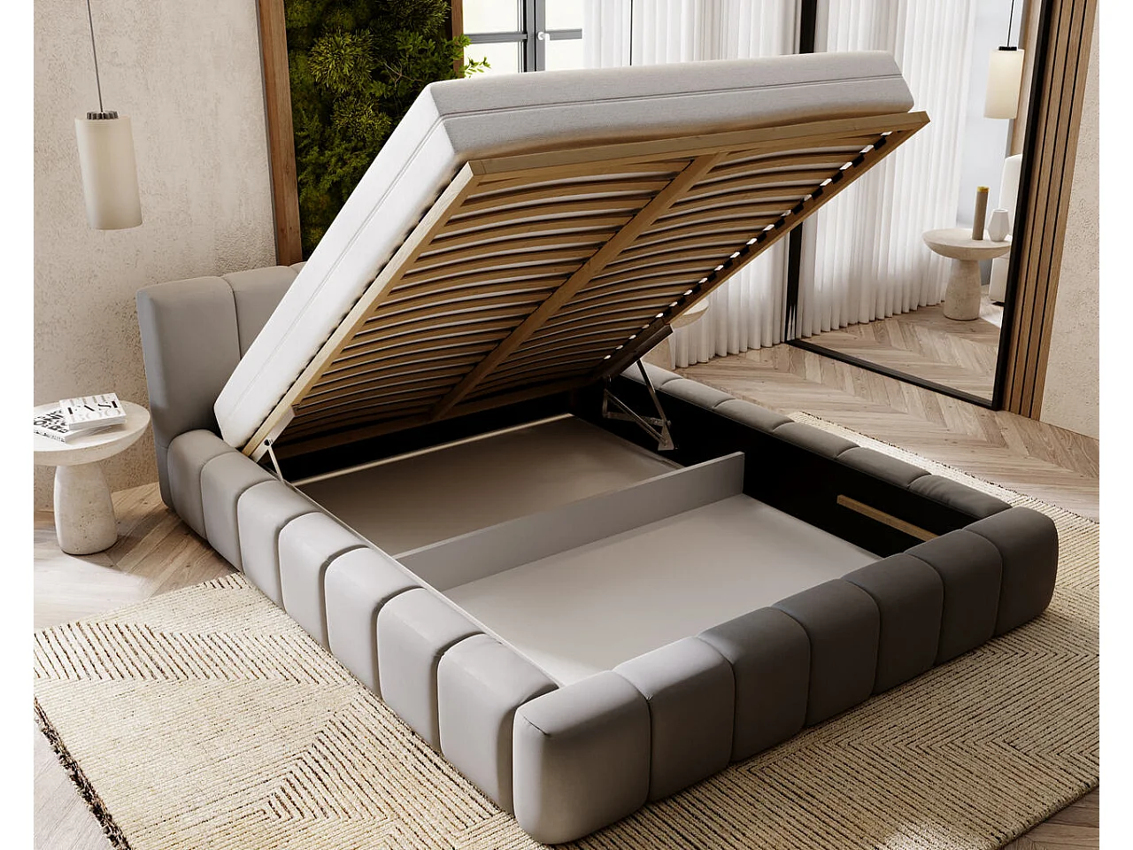 Lit rembourré avec rangement - 160 x 200 - lit double - velours - gris - Split