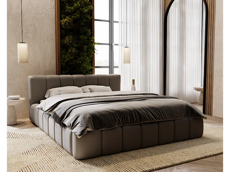 Gestoffeerd bed Split 160x200 grijs - opbergruimte voor beddengoed, houten lattenbodem, doorgestikt hoofdbord en bedframe