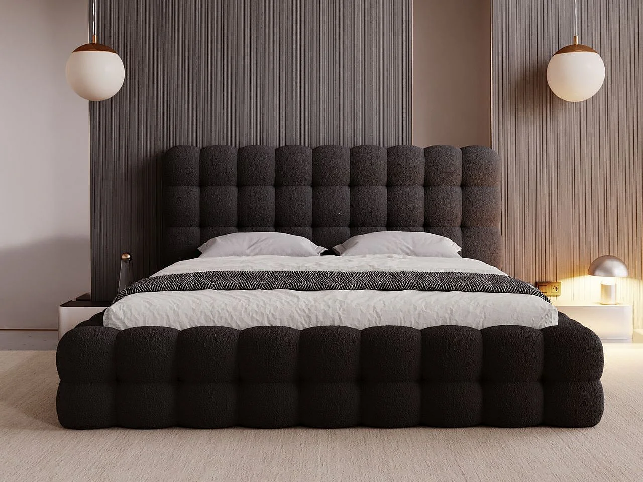 Gestoffeerd bed Twist 180x200 zwart - opbergruimte voor beddengoed, houten lattenbodem, doorgestikt hoofdbord en bedframe