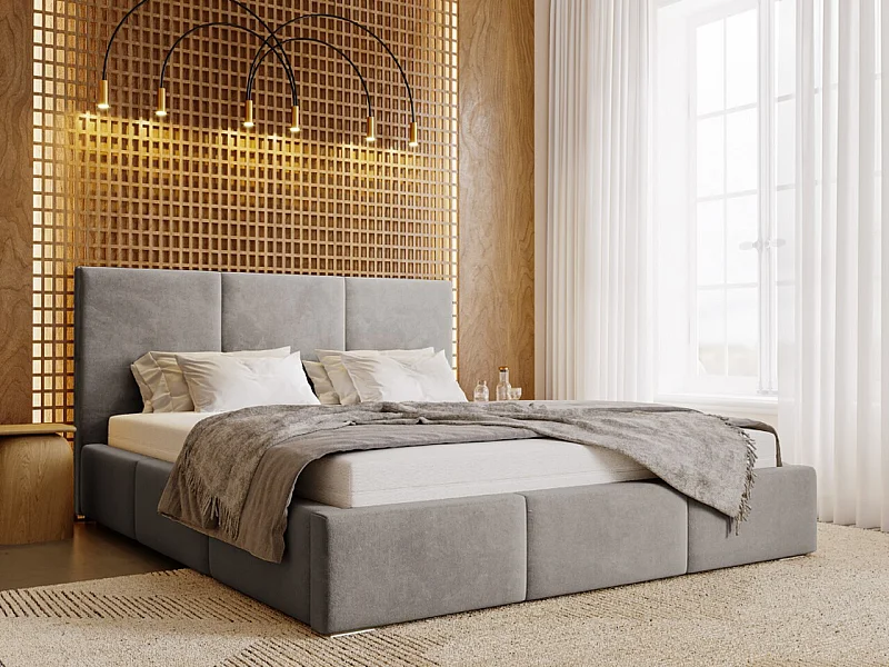 Gestoffeerd bed Lincoln 180x200 Grijs - opbergruimte voor beddengoed, houten lattenbodem, doorgestikt hoofdbord en bedframe