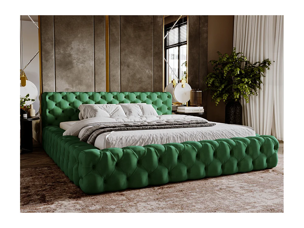 Lit rembourré avec rangement - 160 x 200 - lit double - velours - vert - Palini
