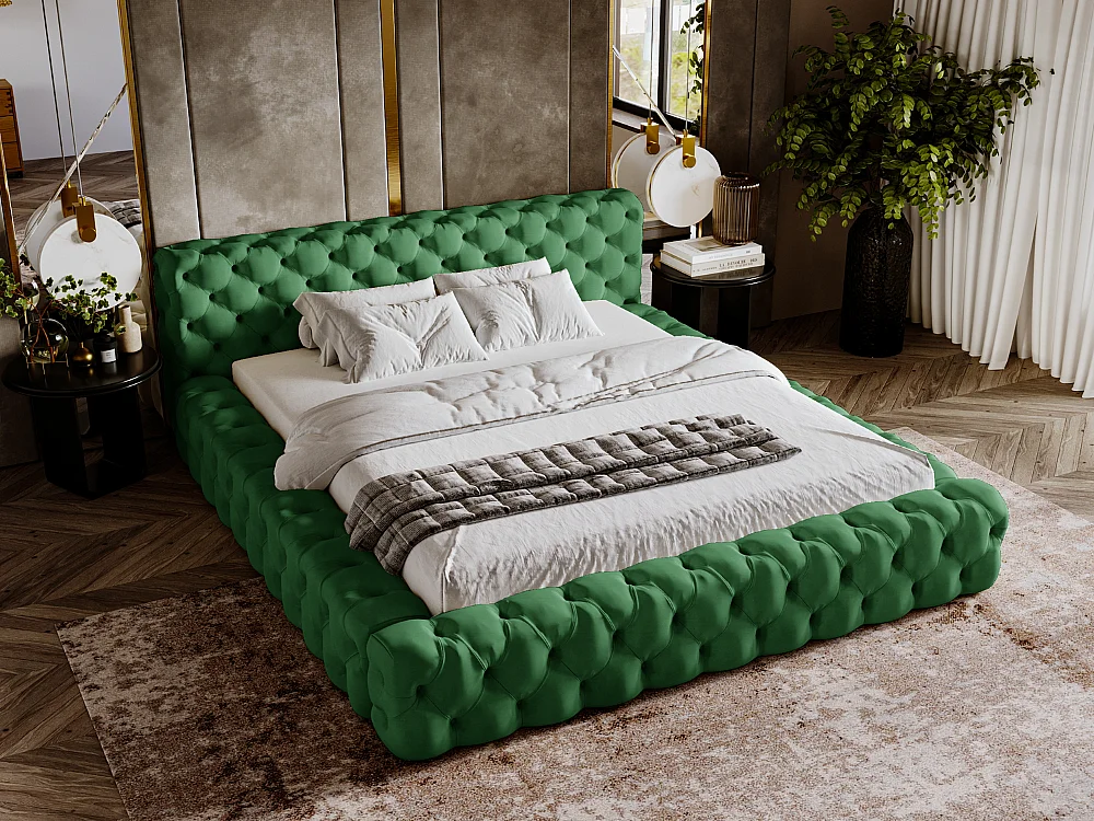 Gestoffeerd bed Palini 160x200 groen - opbergruimte voor beddengoed, houten lattenbodem, doorgestikt hoofdbord en bedframe