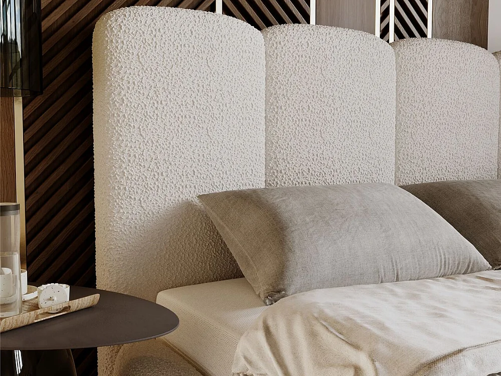 Lit rembourré avec rangement - 180 x 200 - lit double - bouclé - crème - Galli