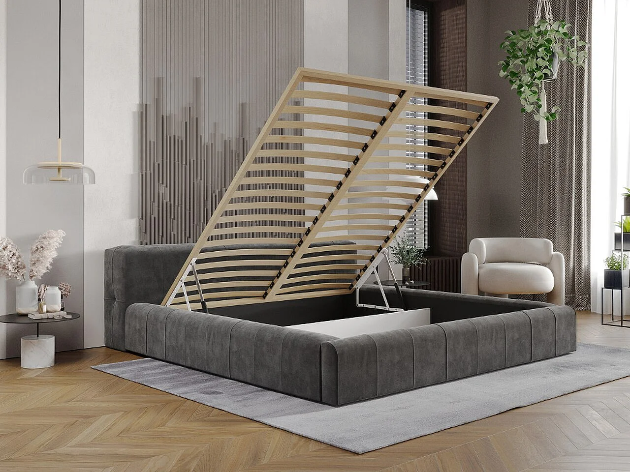 Lit rembourré avec rangement - 180 x 200 - lit double - velours - gris foncé - Lipari