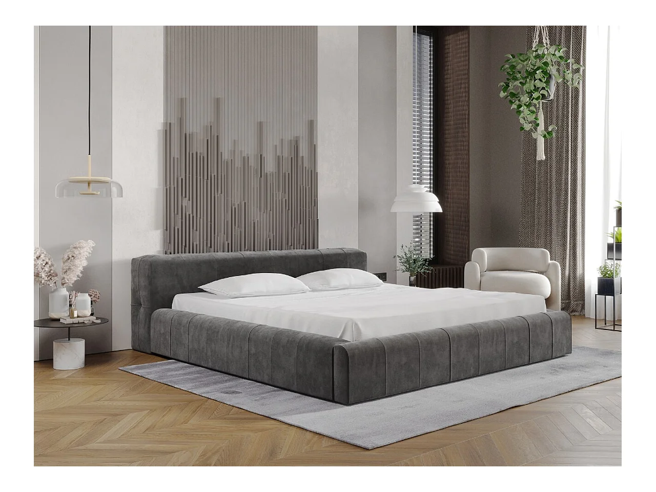 Lit rembourré avec rangement - 180 x 200 - lit double - velours - gris foncé - Lipari