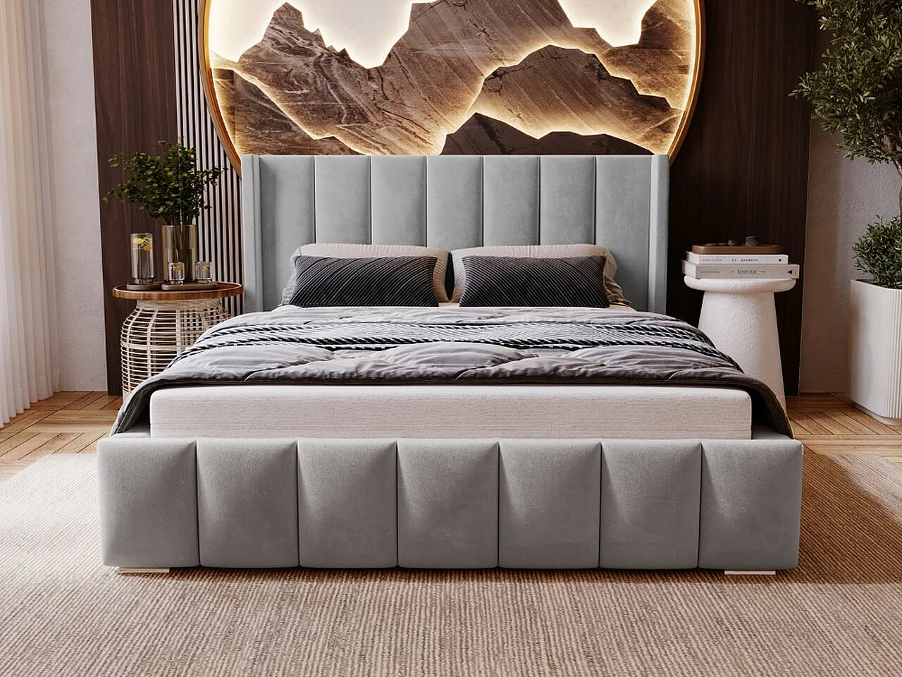 Lit rembourré avec rangement - 160 x 200 - lit double - velours - gris clair - Marano