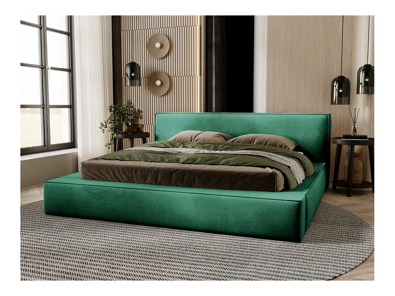 Lit rembourré avec rangement - 120 x 200 - lit double - velours - vert - Mali