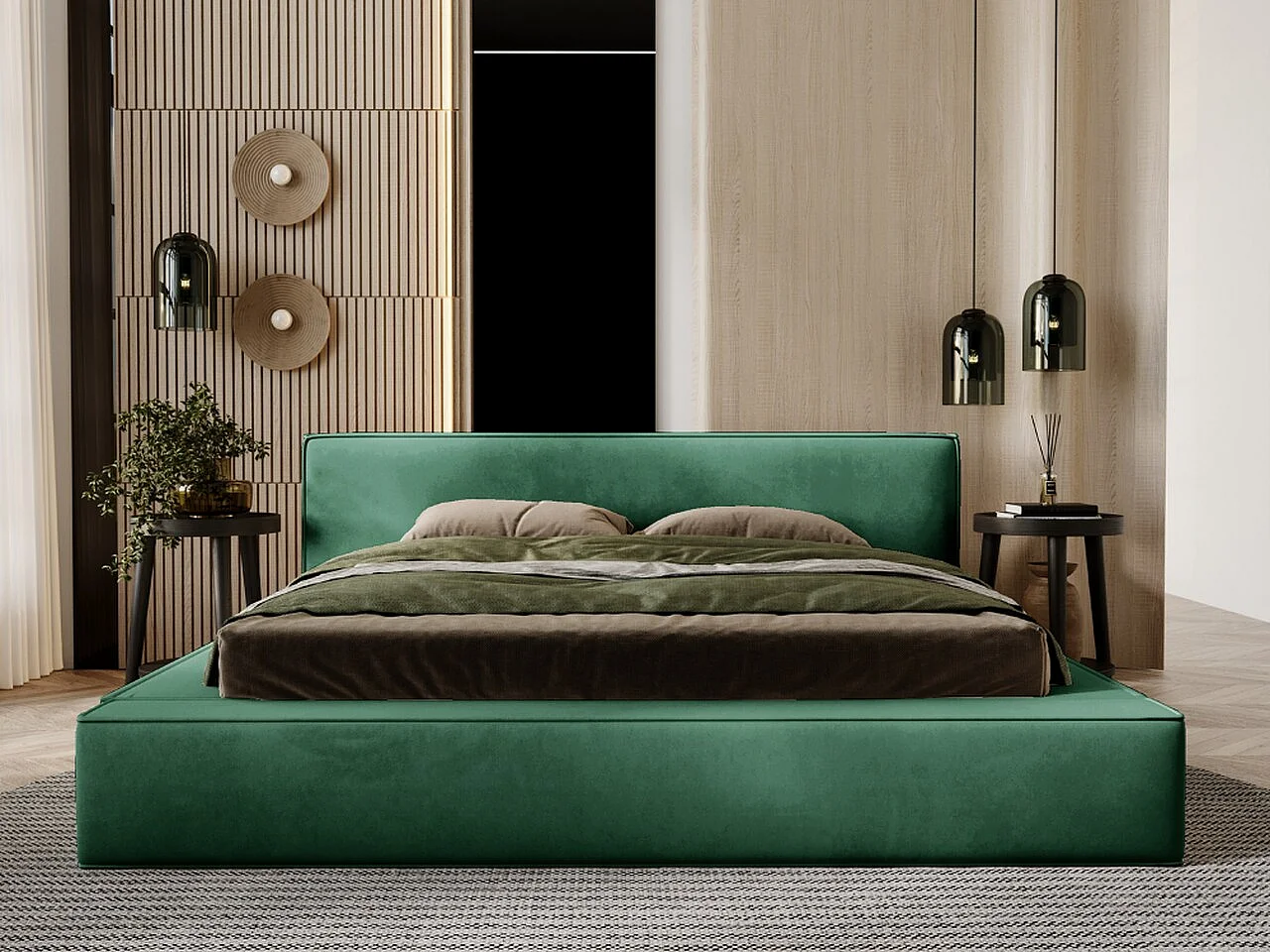 Lit rembourré avec rangement - 120 x 200 - lit double - velours - vert - Mali