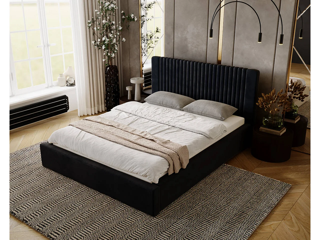 Lit rembourré avec rangement - 160 x 200 - lit double - velours - marine - Malmo