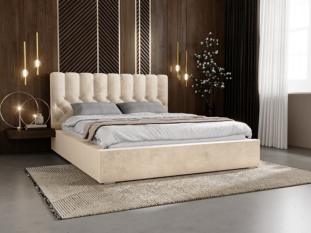Lit rembourré avec rangement - 180 x 200 - lit double - velours - beige - Roma