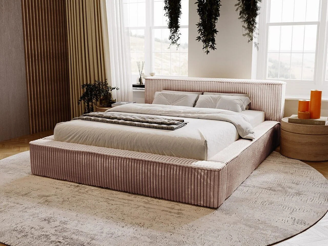 Gestoffeerd bed Lago 160x200 bruin - opbergruimte voor beddengoed, houten lattenbodem, doorgestikt hoofdbord en bedframe