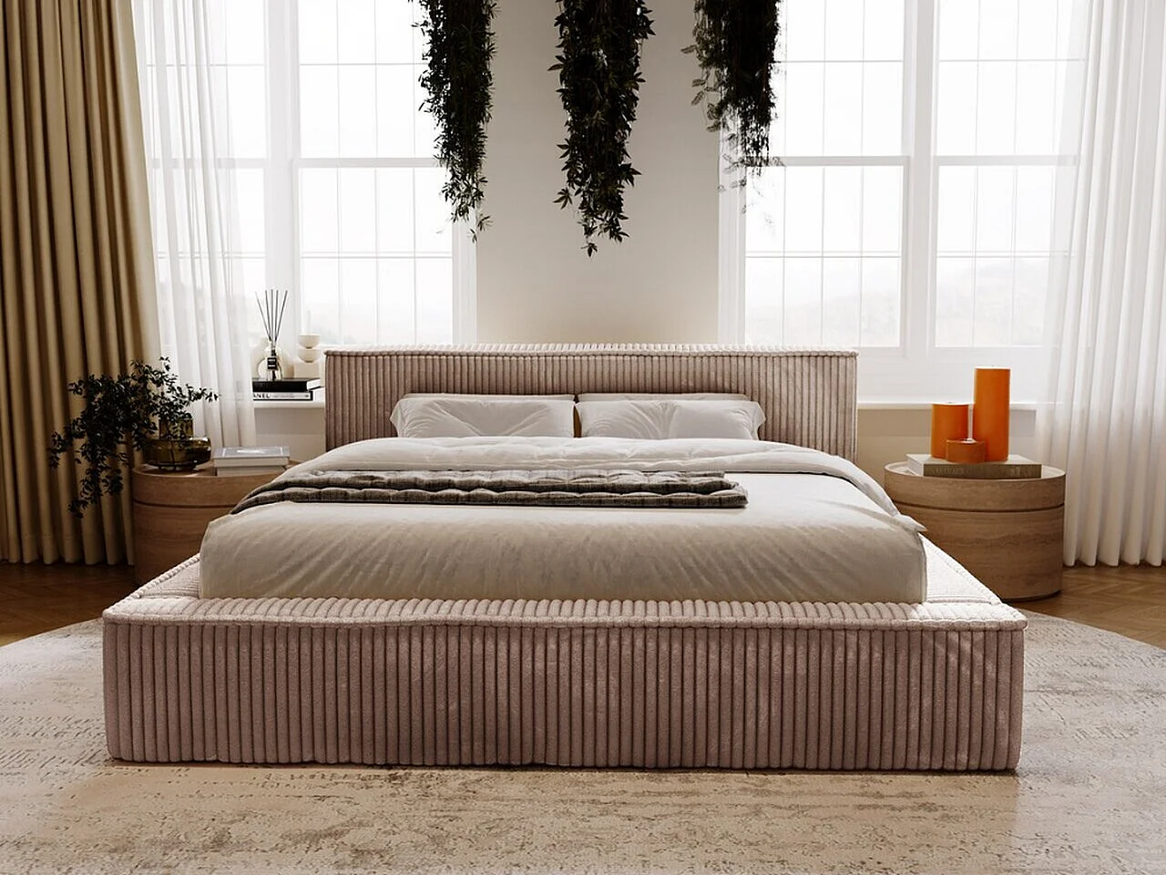 Gestoffeerd bed Lago 160x200 bruin - opbergruimte voor beddengoed, houten lattenbodem, doorgestikt hoofdbord en bedframe