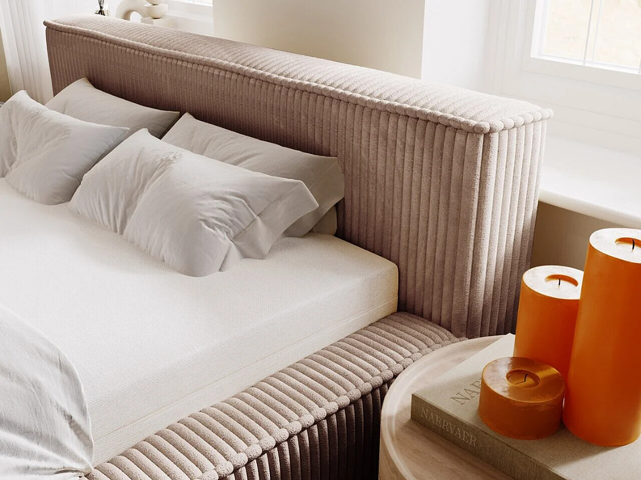 Gestoffeerd bed Lago 160x200 bruin - opbergruimte voor beddengoed, houten lattenbodem, doorgestikt hoofdbord en bedframe