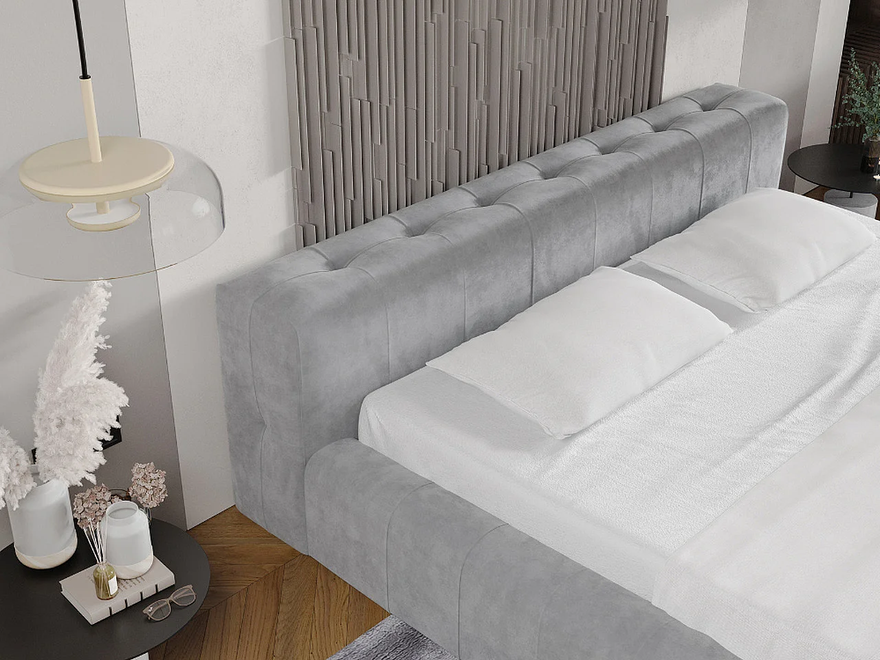 Gestoffeerd bed Lipari 140x200 lichtgrijs - opbergruimte voor beddengoed, houten lattenbodem, doorgestikt hoofdbord en bedframe