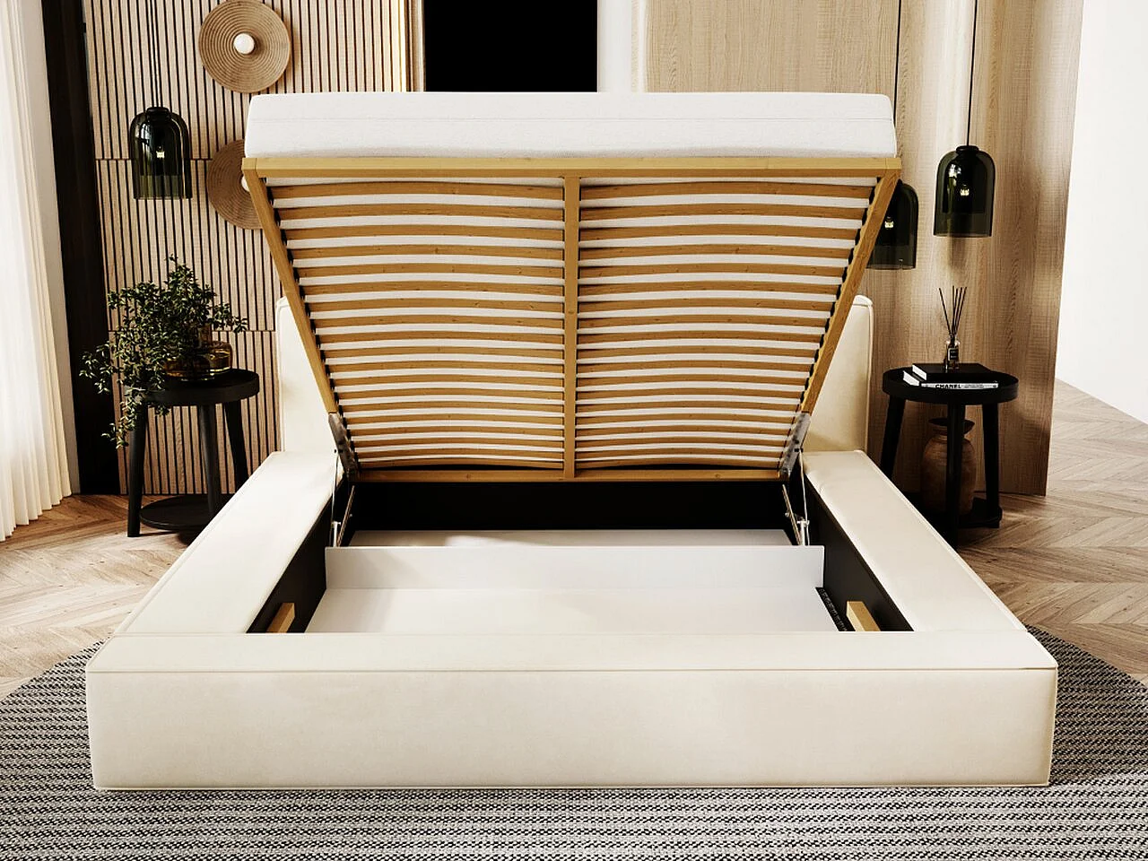 Lit rembourré avec rangement - 160 x 200 - lit double - velours - bleu - Mali