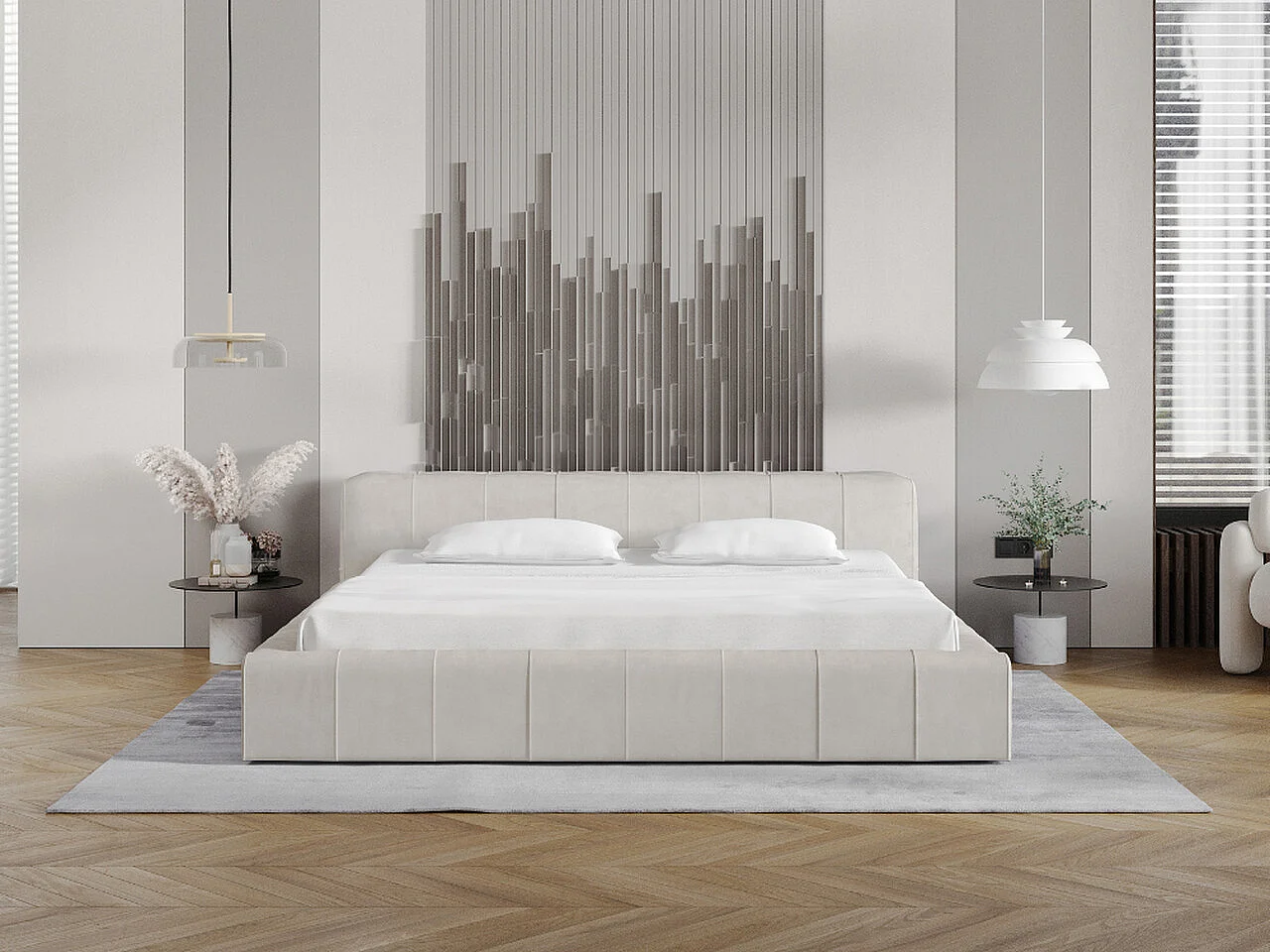 Gestoffeerd bed Lipari 140x200 beige - opbergruimte voor beddengoed, houten lattenbodem, doorgestikt hoofdbord en bedframe