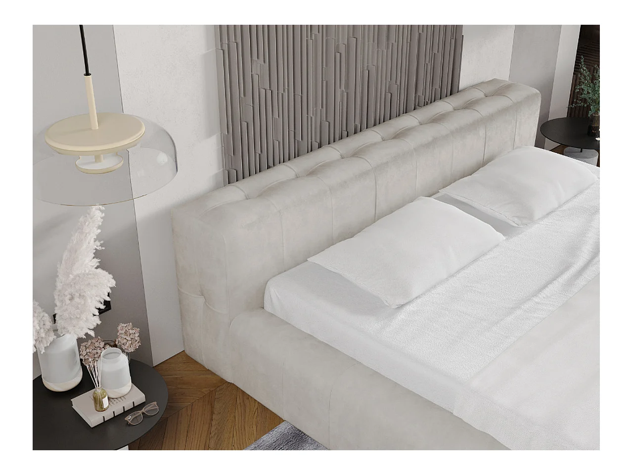 Lit rembourré avec rangement - 140 x 200 - lit double - velours - beige - Lipari