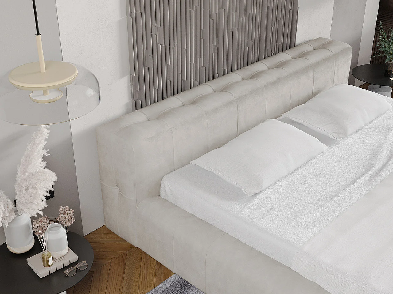 Lit rembourré avec rangement - 140 x 200 - lit double - velours - beige - Lipari