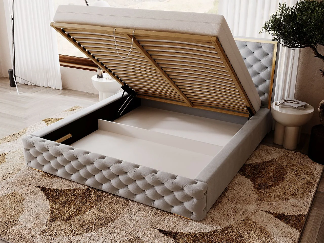 Lit rembourré avec rangement - 160 x 200 - lit double - velours - gris - Wave