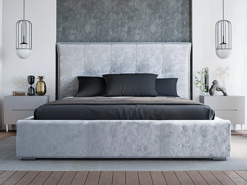 Polsterbett mit Bettkasten - 140 x 200 - Samtstoff - Hellgrau - Bett mit Lattenrost - VALENCIA