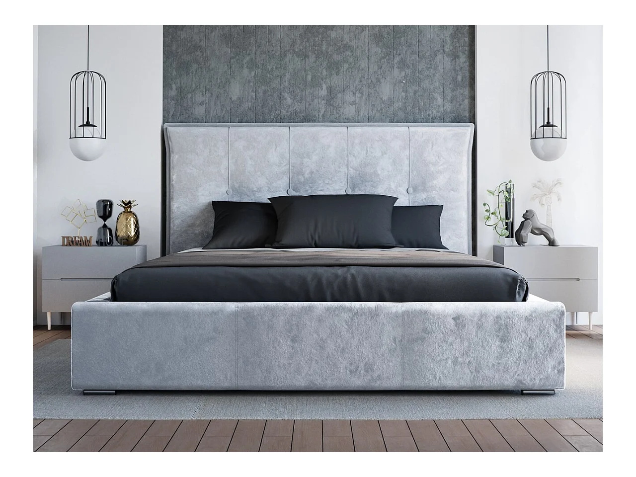 Lit rembourré avec rangement - 140 x 200 - lit double - velours - gris clair - Valencia